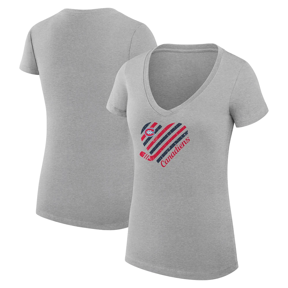 Women's G-III 4Her by Carl Banks Heather Gray Montreal Canadiens Super-Slim Fit Lightweight Heart V-Neck T-Shirt