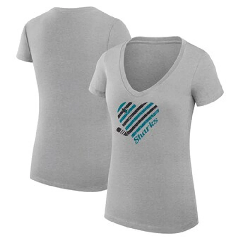 Women's G-III 4Her by Carl Banks Heather Gray San Jose Sharks Super-Slim Fit Lightweight Heart V-Neck T-Shirt
