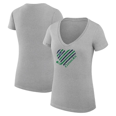 Women's G-III 4Her by Carl Banks Heather Gray Vancouver Canucks Super-Slim Fit Lightweight Heart V-Neck T-Shirt