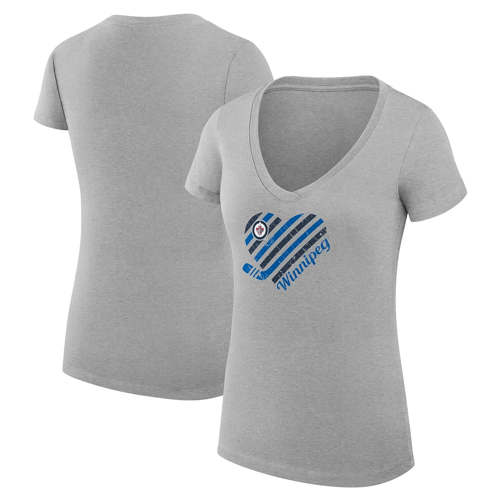 Women's G-III 4Her by Carl Banks Heather Gray Winnipeg Jets Super-Slim Fit Lightweight Heart V-Neck T-Shirt