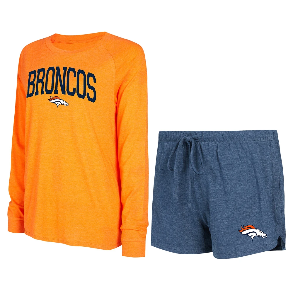 Women's Concepts Sport Navy/Orange Denver Broncos Raglan Long Sleeve Top & Shorts Lounge Set