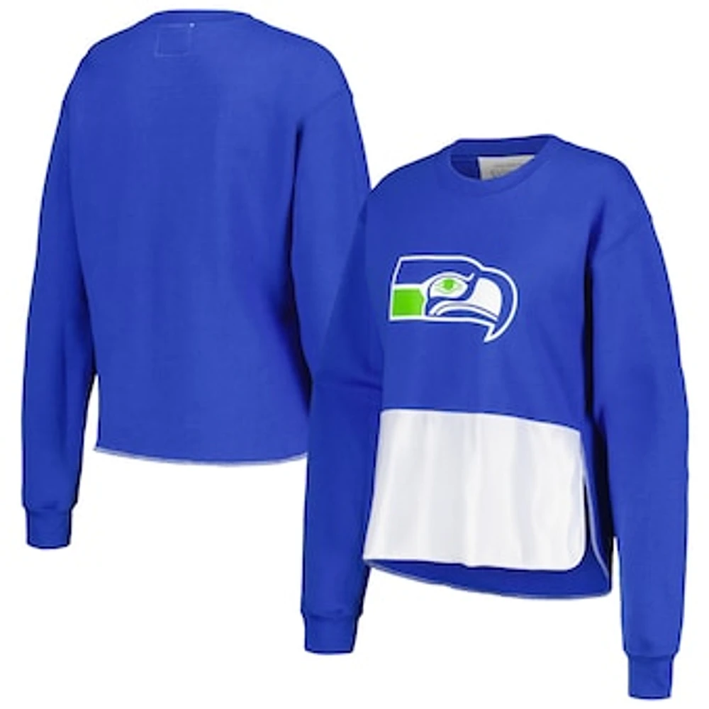 Women's Refried Apparel Royal Seattle Seahawks Retro Cropped Tri-Blend Pullover Sweatshirt