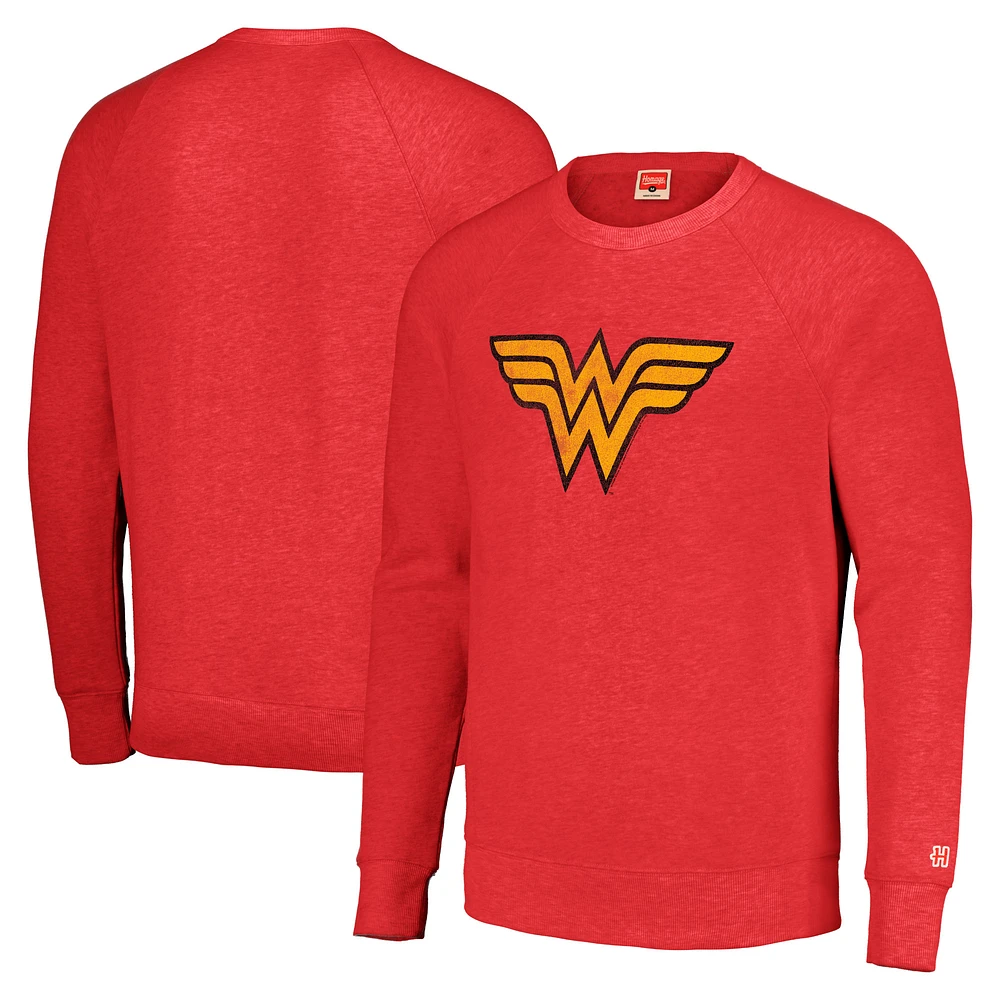 Unisex Homage Red Wonder Woman Logo Raglan Tri-Blend Pullover Sweatshirt