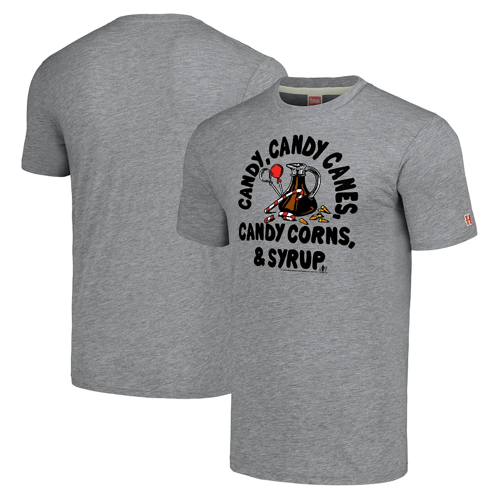 Unisex Homage Gray Elf Candy, Candy Canes, Corns & Syrup Graphic Tri-Blend T-Shirt