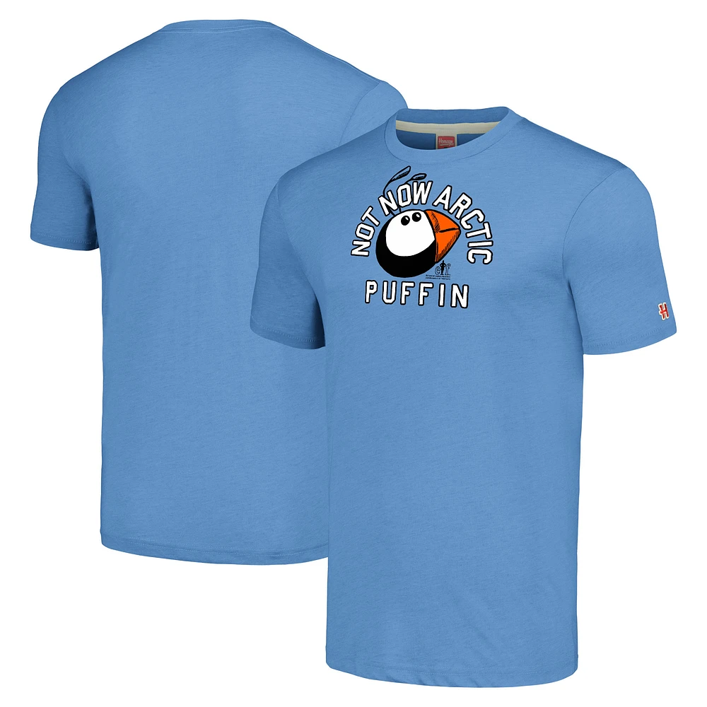 Unisex Homage Light Blue Elf Not Now Arctic Puffin Graphic Tri-Blend T-Shirt