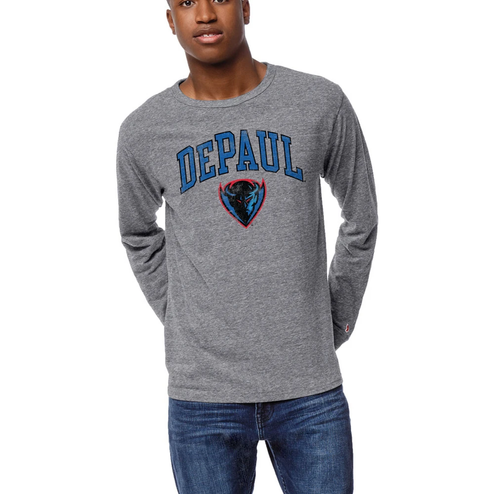 Men's League Collegiate Wear Heather Gray DePaul Blue Demons Victory Falls Tri-Blend Long Sleeve T-Shirt