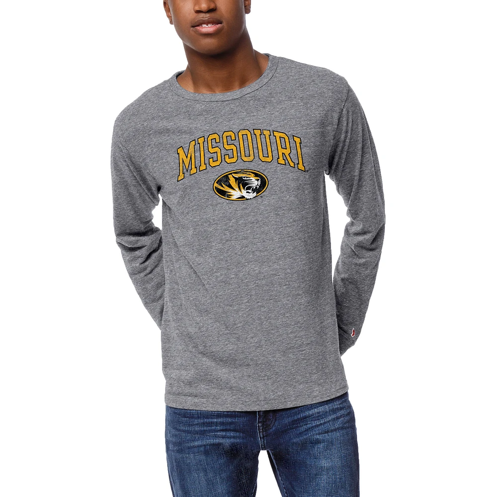 Men's League Collegiate Wear Heather Gray Missouri Tigers Victory Falls Tri-Blend Long Sleeve T-Shirt
