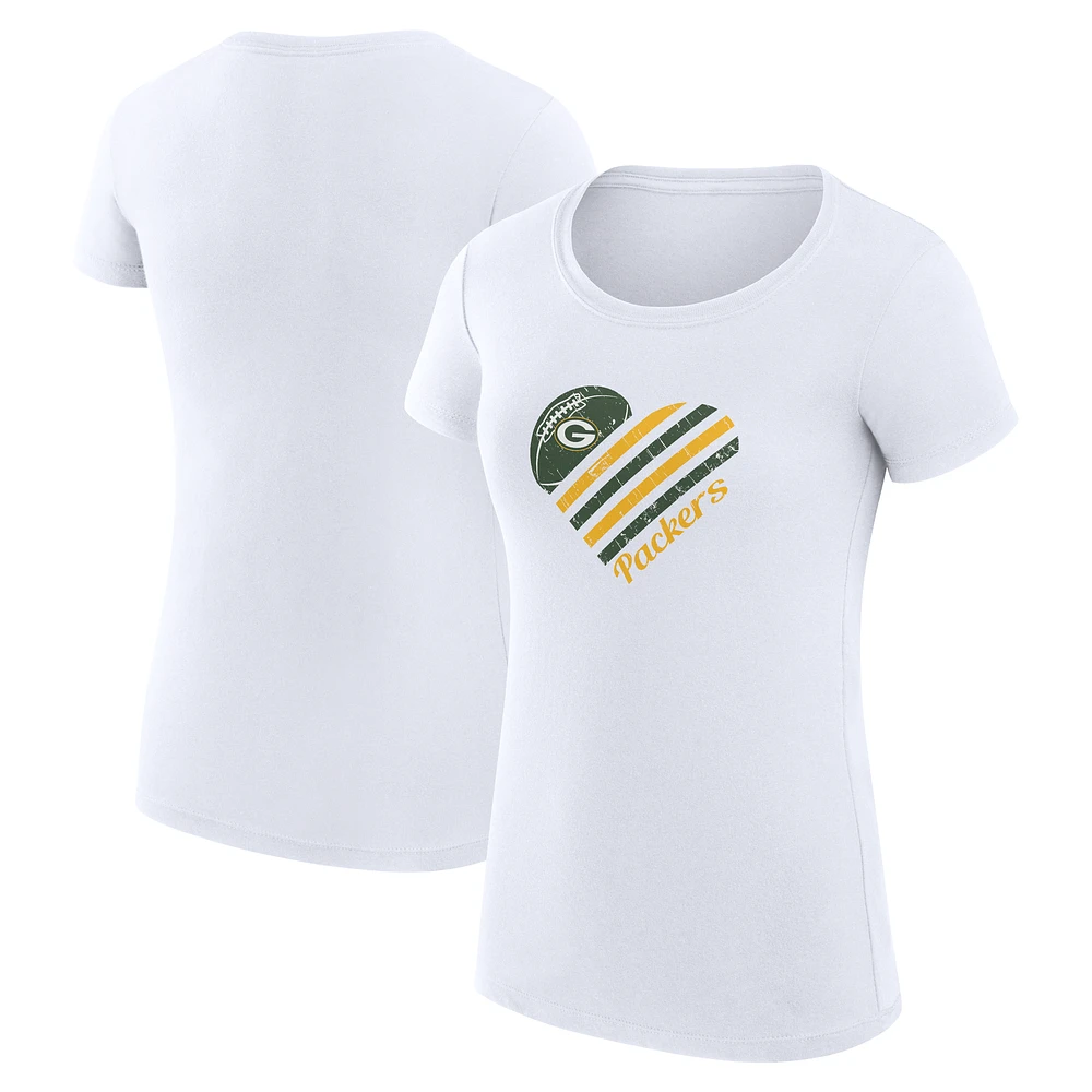Women's G-III 4Her by Carl Banks White Green Bay Packers Super-Slim Fit Lightweight Heart V-Neck T-Shirt