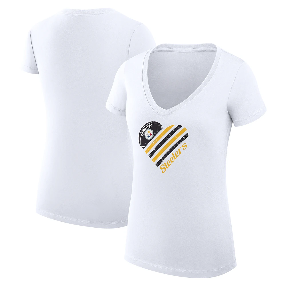 Women's G-III 4Her by Carl Banks White Pittsburgh Steelers Super-Slim Fit Lightweight Heart Graphic V-Neck T-Shirt