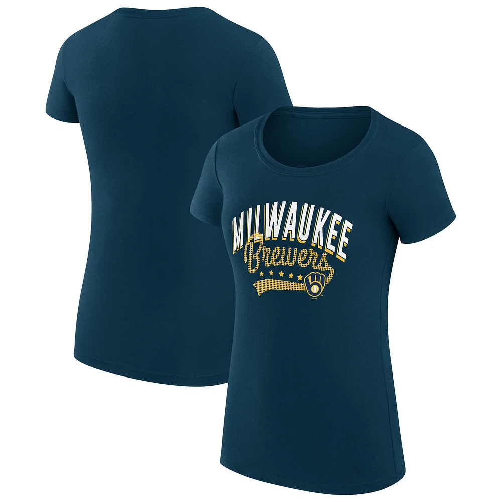 Women's G-III 4Her by Carl Banks Navy Milwaukee Brewers Super-Slim Fit Lightweight Filigree Team T-Shirt