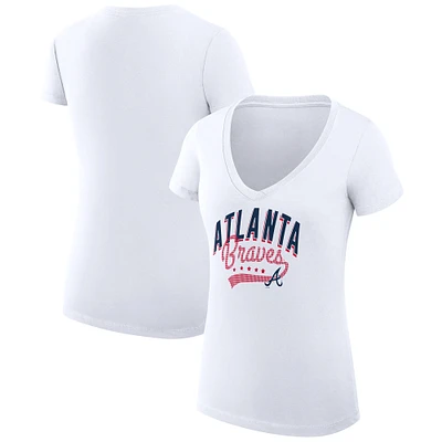 Women's G-III 4Her by Carl Banks White Atlanta Braves Super-Slim Fit Lightweight Filigree Team V-Neck T-Shirt