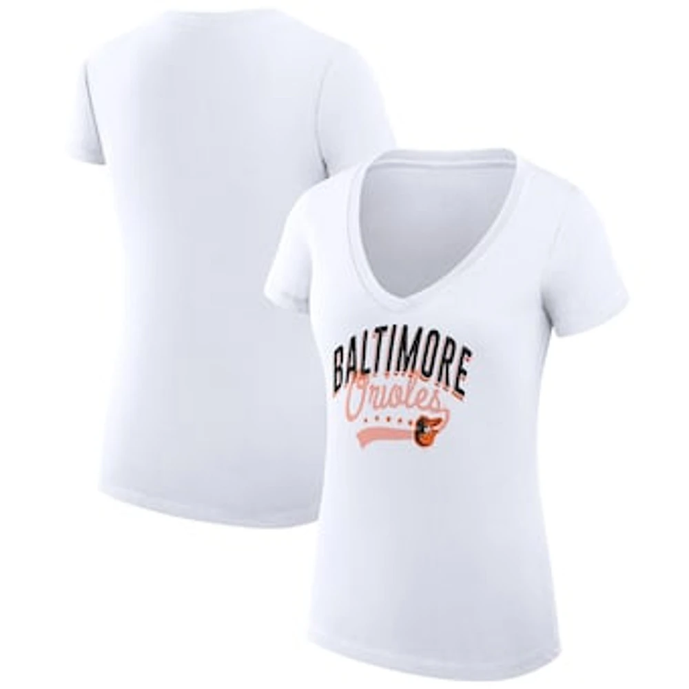 Women's G-III 4Her by Carl Banks White Baltimore Orioles Super-Slim Fit Lightweight Filigree Team V-Neck T-Shirt