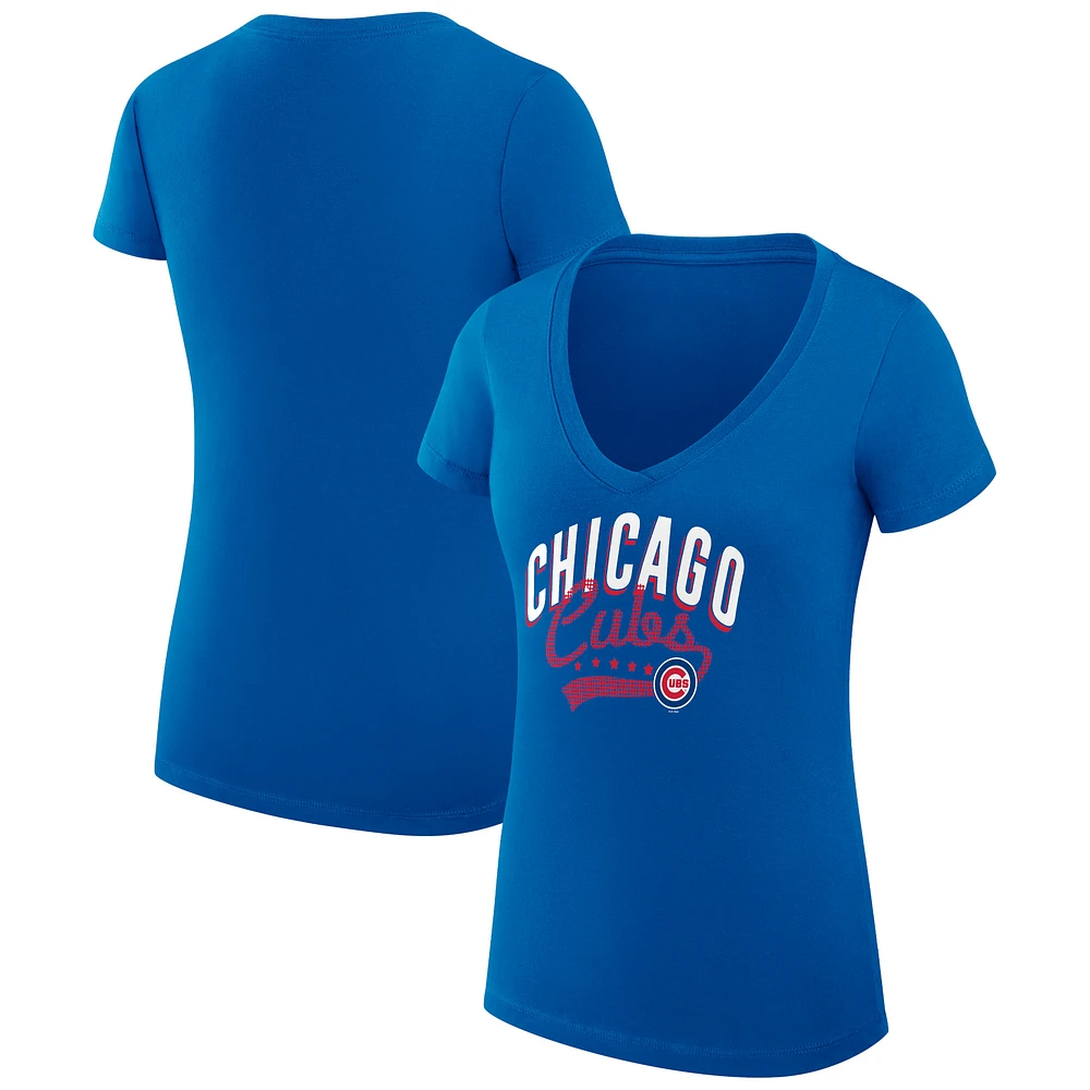 Women's G-III 4Her by Carl Banks Royal Chicago Cubs Super-Slim Fit Lightweight Filigree Team V-Neck T-Shirt