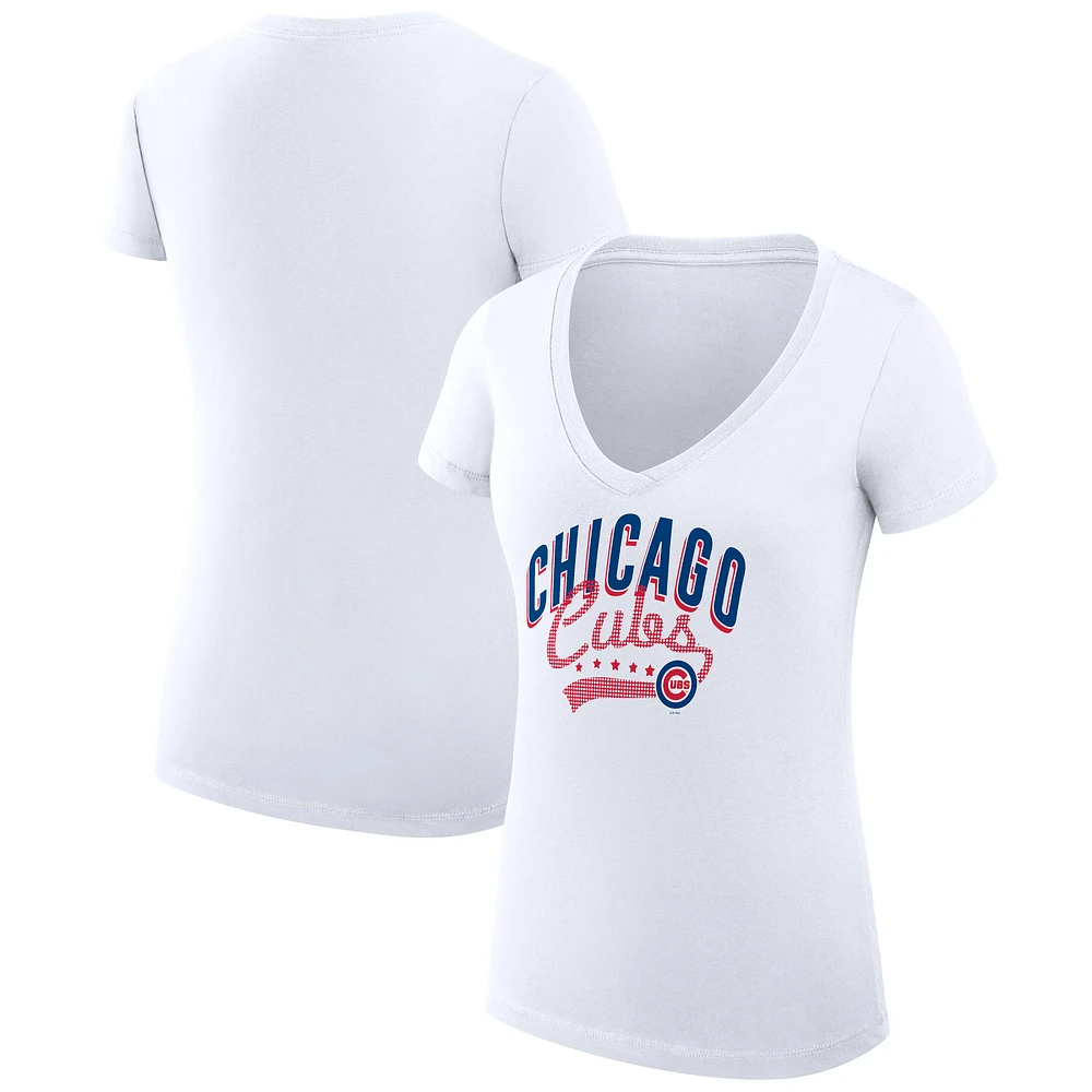 Women's G-III 4Her by Carl Banks White Chicago Cubs Super-Slim Fit Lightweight Filigree Team V-Neck T-Shirt