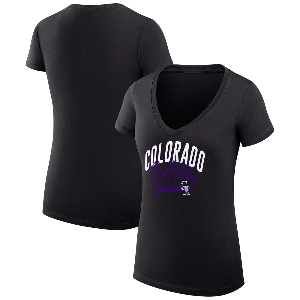 Women's G-III 4Her by Carl Banks Black Colorado Rockies Super-Slim Fit Lightweight Filigree Team V-Neck T-Shirt