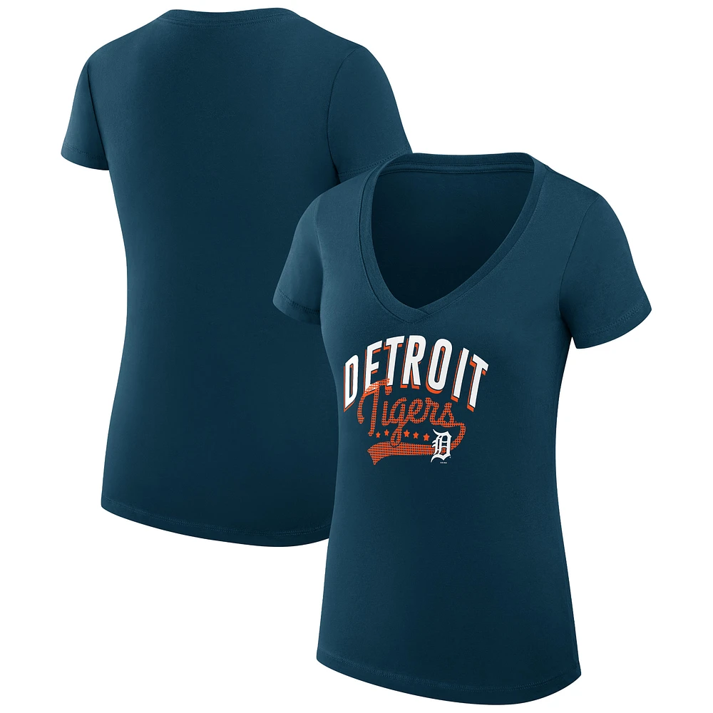 Women's G-III 4Her by Carl Banks Navy Detroit Tigers Super-Slim Fit Lightweight Filigree Team V-Neck T-Shirt