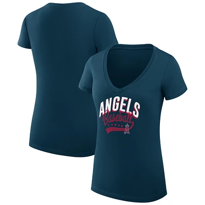 Women's G-III 4Her by Carl Banks Navy Los Angeles Angels Super-Slim Fit Lightweight Filigree Team V-Neck T-Shirt