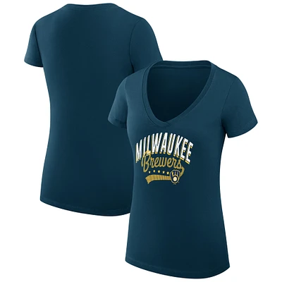 Women's G-III 4Her by Carl Banks Navy Milwaukee Brewers Super-Slim Fit Lightweight Filigree Team V-Neck T-Shirt
