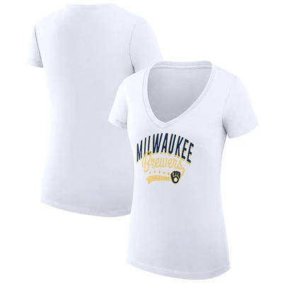 Women's G-III 4Her by Carl Banks White Milwaukee Brewers Super-Slim Fit Lightweight Filigree Team V-Neck T-Shirt