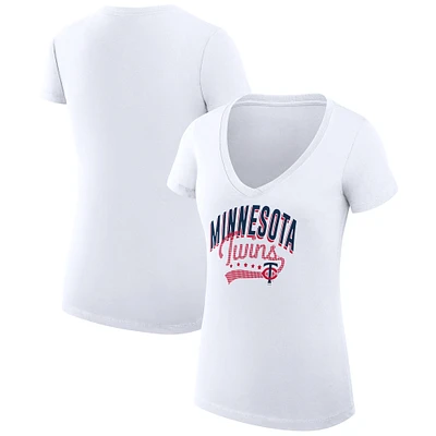 Women's G-III 4Her by Carl Banks White Minnesota Twins Super-Slim Fit Lightweight Filigree Team V-Neck T-Shirt