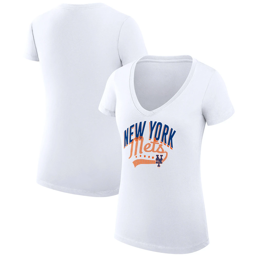 Women's G-III 4Her by Carl Banks White New York Mets Super-Slim Fit Lightweight Filigree Team V-Neck T-Shirt