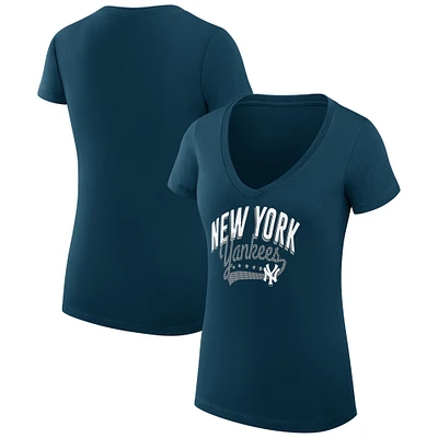 Women's G-III 4Her by Carl Banks Navy New York Yankees Super-Slim Fit Lightweight Filigree Team V-Neck T-Shirt