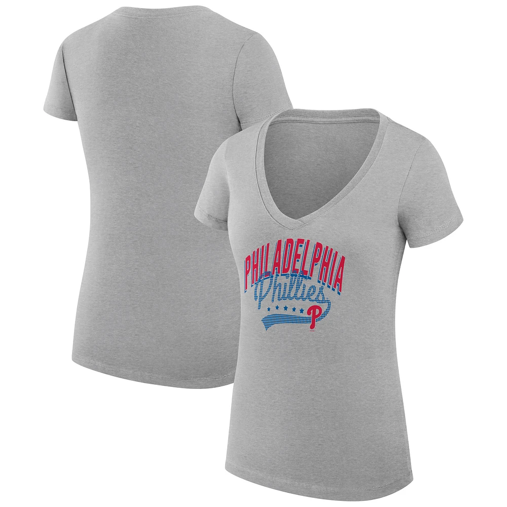 Women's G-III 4Her by Carl Banks Heather Gray Philadelphia Phillies Super-Slim Fit Lightweight Filigree Team V-Neck T-Shirt