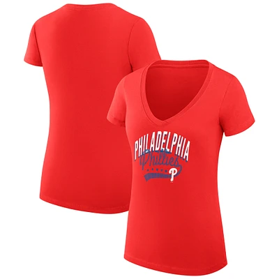 Women's G-III 4Her by Carl Banks Red Philadelphia Phillies Super-Slim Fit Lightweight Filigree Team V-Neck T-Shirt