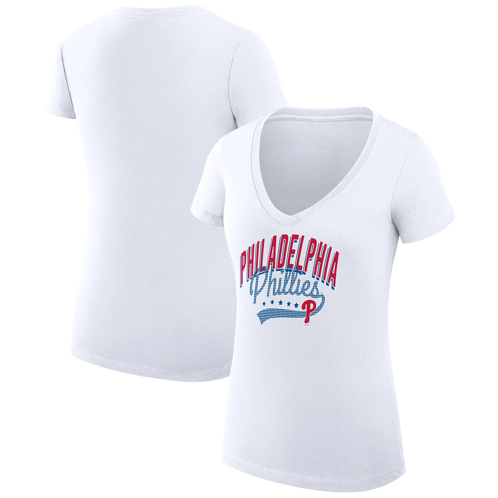 Women's G-III 4Her by Carl Banks White Philadelphia Phillies Super-Slim Fit Lightweight Filigree Team V-Neck T-Shirt