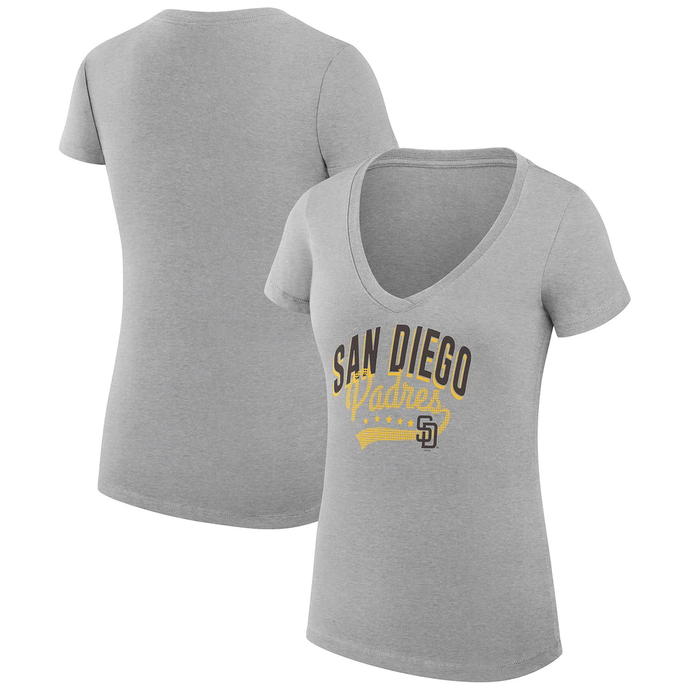 Women's G-III 4Her by Carl Banks Heather Gray San Diego Padres Super-Slim Fit Lightweight Filigree Team V-Neck T-Shirt
