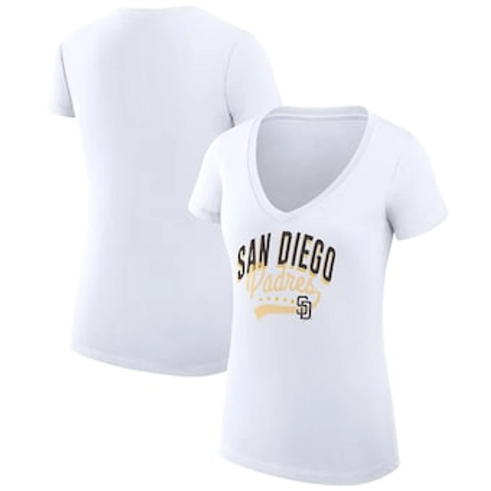 Women's G-III 4Her by Carl Banks White San Diego Padres Super-Slim Fit Lightweight Filigree Team V-Neck T-Shirt
