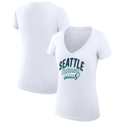 Women's G-III 4Her by Carl Banks White Seattle Mariners Super-Slim Fit Lightweight Filigree Team V-Neck T-Shirt