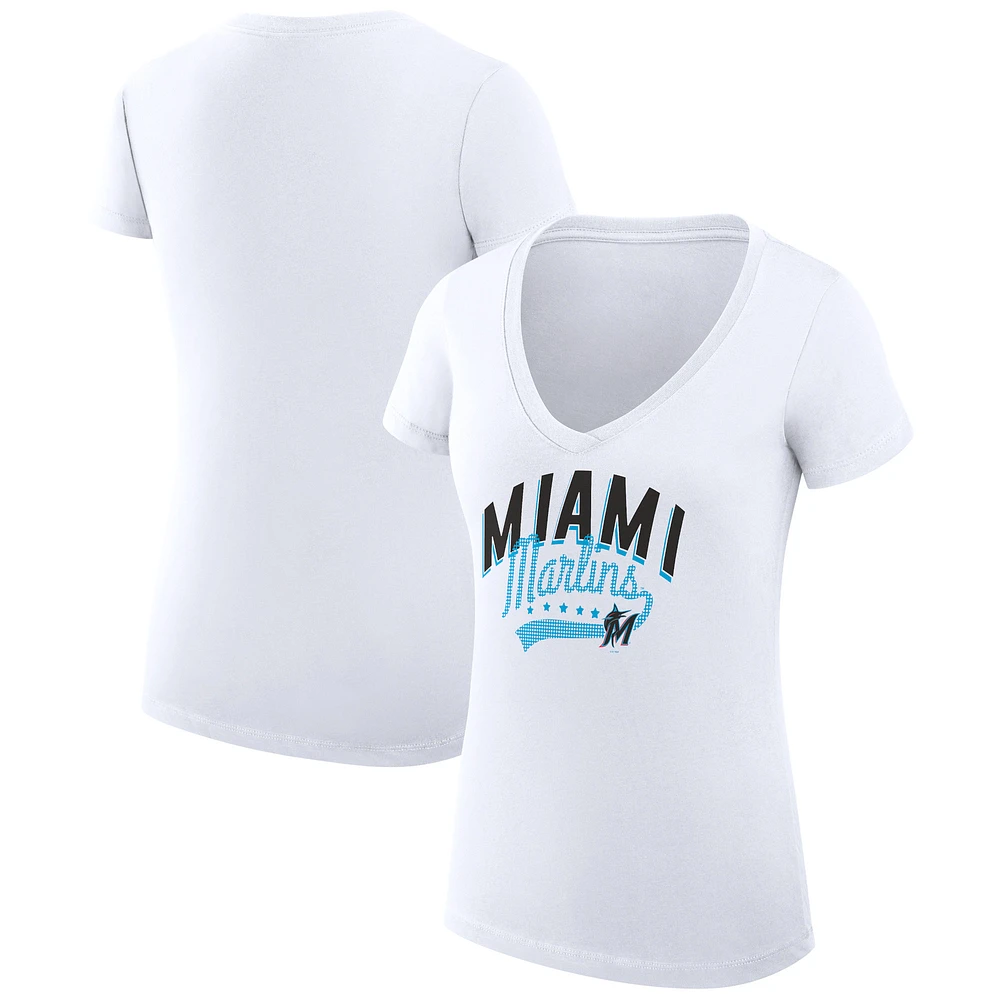 Women's G-III 4Her by Carl Banks White Miami Marlins Super-Slim Fit Lightweight Filigree Team V-Neck T-Shirt
