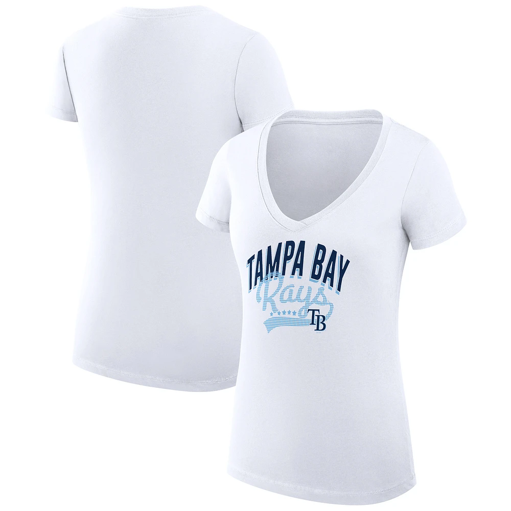 Women's G-III 4Her by Carl Banks White Tampa Bay Rays Super-Slim Fit Lightweight Filigree Team V-Neck T-Shirt
