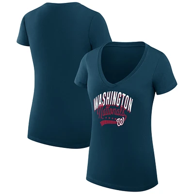 Women's G-III 4Her by Carl Banks Navy Washington Nationals Super-Slim Fit Lightweight Filigree Team V-Neck T-Shirt