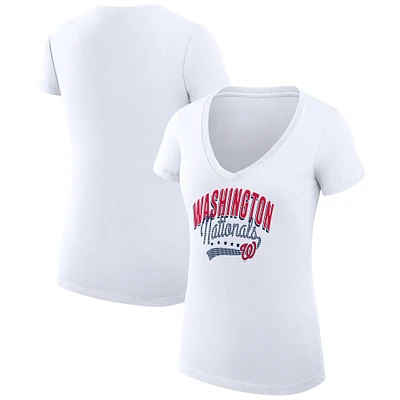 Women's G-III 4Her by Carl Banks White Washington Nationals Super-Slim Fit Lightweight Filigree Team V-Neck T-Shirt