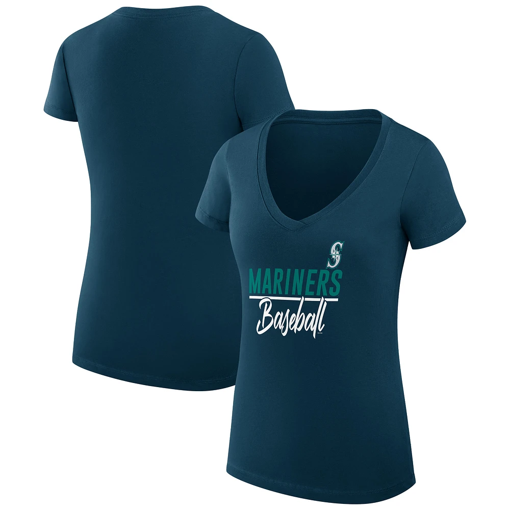 Women's G-III 4Her by Carl Banks Navy Seattle Mariners Super-Slim Fit Lightweight Team Graphic V-Neck T-Shirt