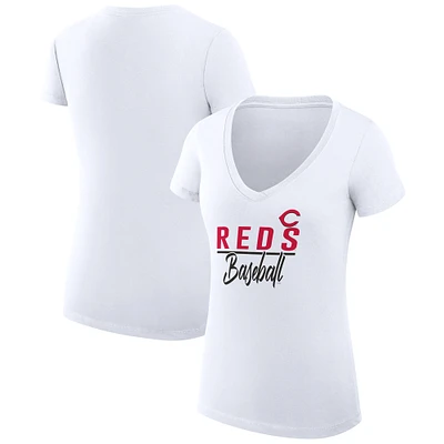 Women's G-III 4Her by Carl Banks White Cincinnati Reds Super-Slim Fit Lightweight Team Graphic V-Neck T-Shirt