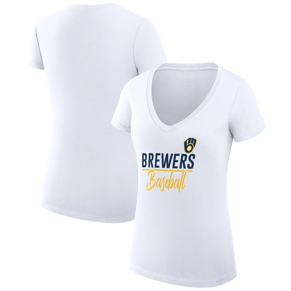Women's G-III 4Her by Carl Banks White Milwaukee Brewers Super-Slim Fit Lightweight Team Graphic V-Neck T-Shirt