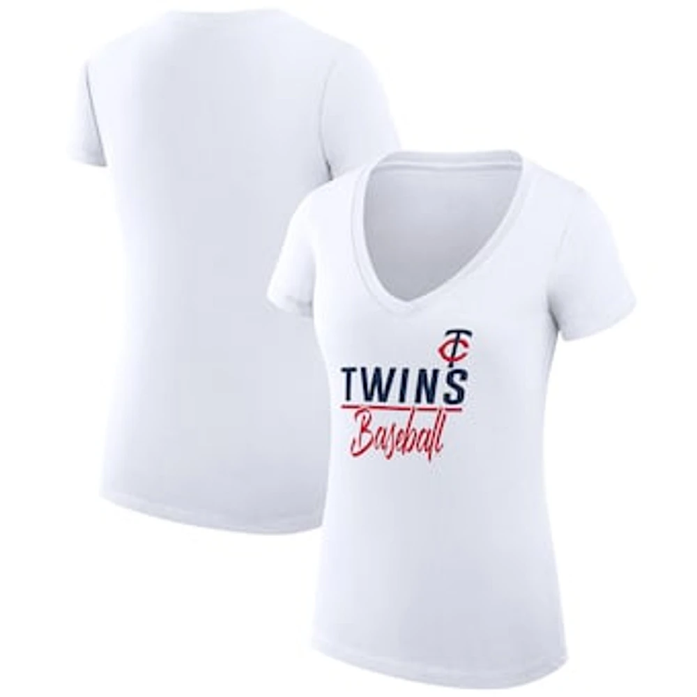 Women's G-III 4Her by Carl Banks White Minnesota Twins Super-Slim Fit Lightweight Team Graphic V-Neck T-Shirt