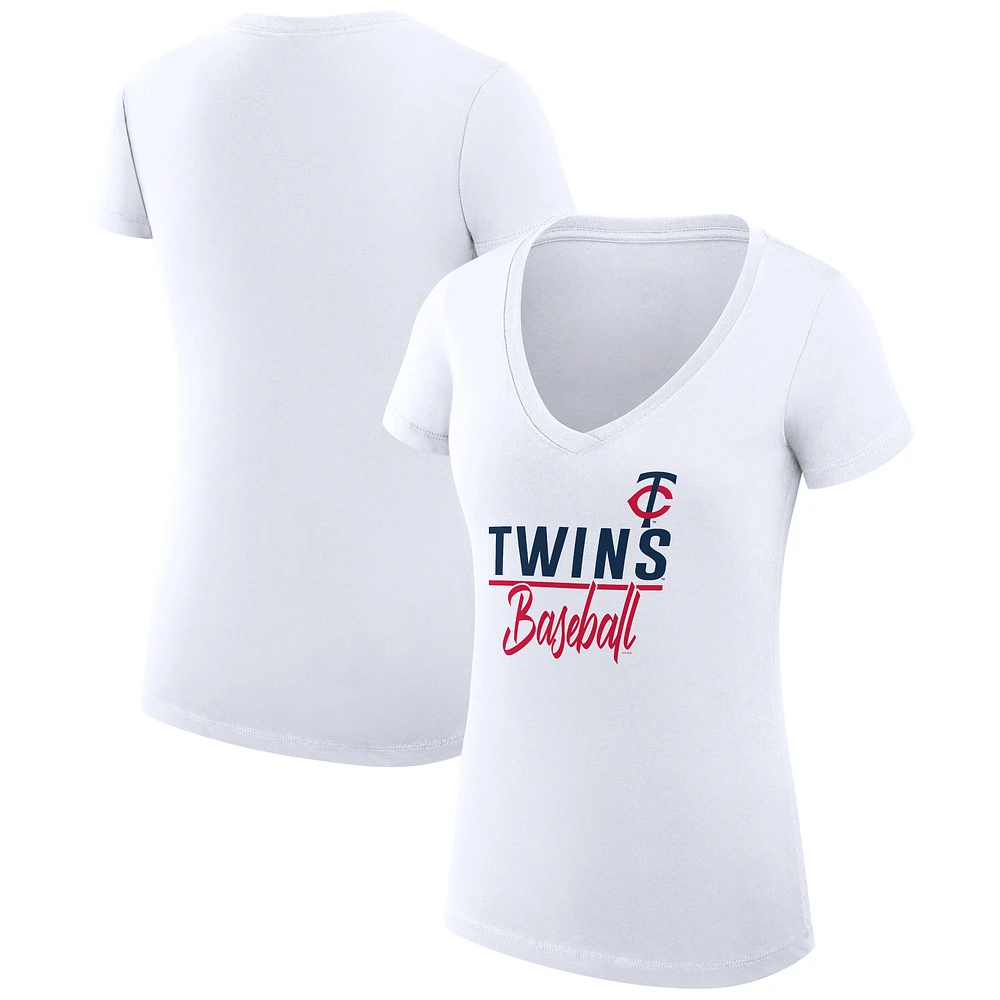 Women's G-III 4Her by Carl Banks White Minnesota Twins Super-Slim Fit Lightweight Team Graphic V-Neck T-Shirt