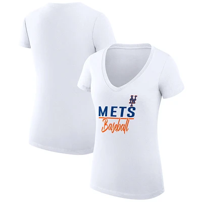 Women's G-III 4Her by Carl Banks White New York Mets Super-Slim Fit Lightweight Team Graphic V-Neck T-Shirt