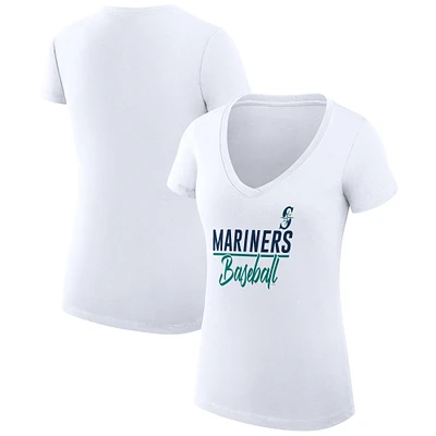 Women's G-III 4Her by Carl Banks White Seattle Mariners Super-Slim Fit Lightweight Team Graphic V-Neck T-Shirt