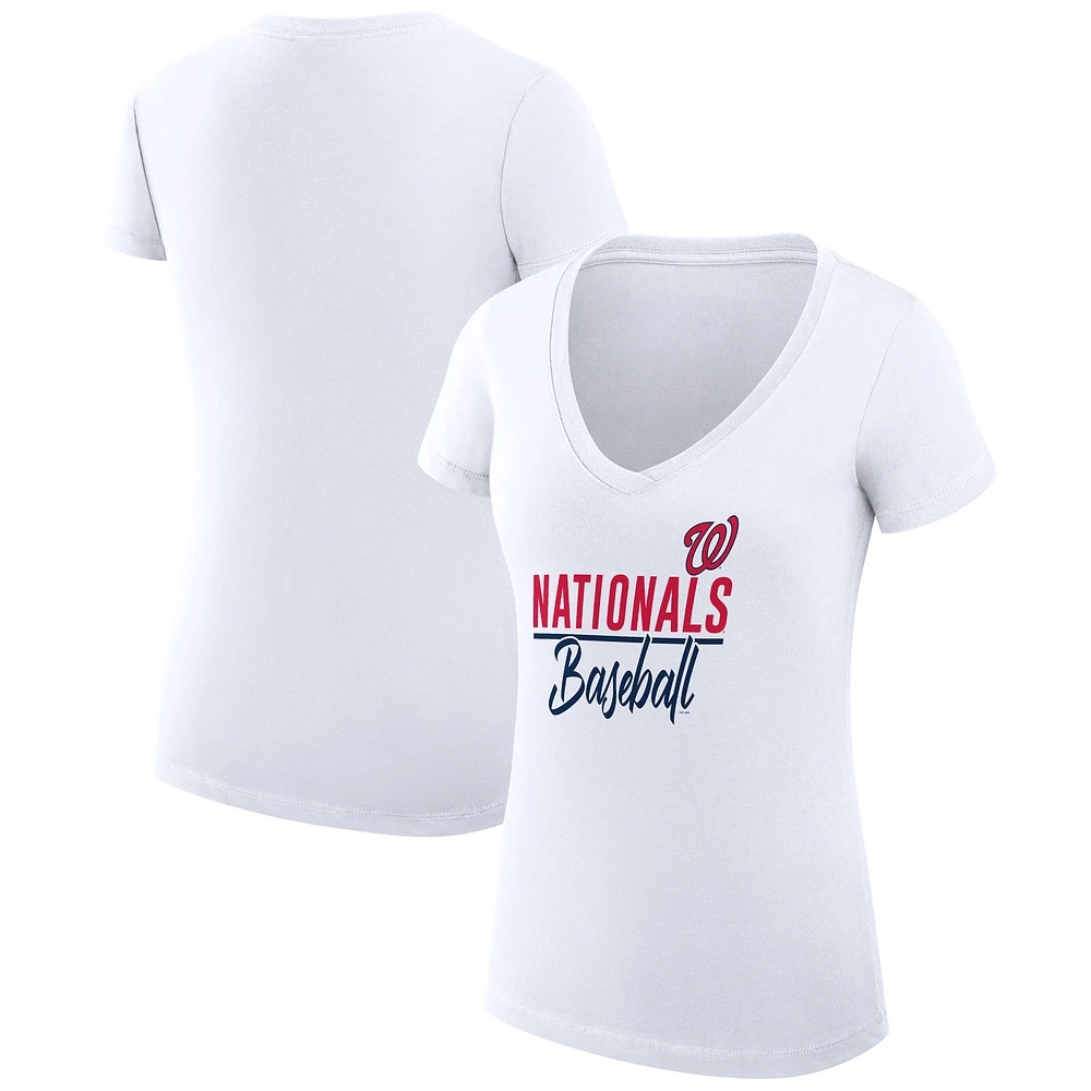 Women's G-III 4Her by Carl Banks White Washington Nationals Super-Slim Fit Lightweight Team Graphic V-Neck T-Shirt