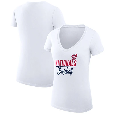 Women's G-III 4Her by Carl Banks White Washington Nationals Super-Slim Fit Lightweight Team Graphic V-Neck T-Shirt