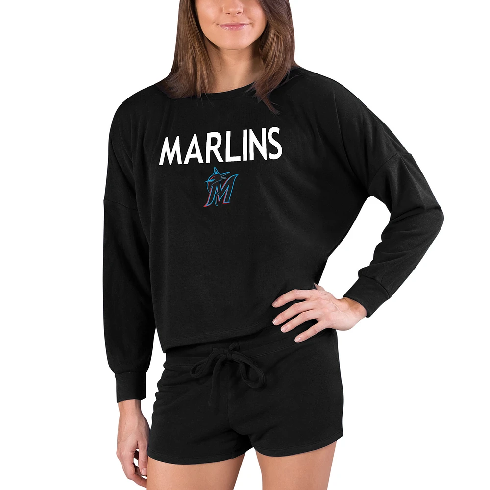 Women's Concepts Sport Black Miami Marlins Gather Long Sleeve Top & Shorts Set
