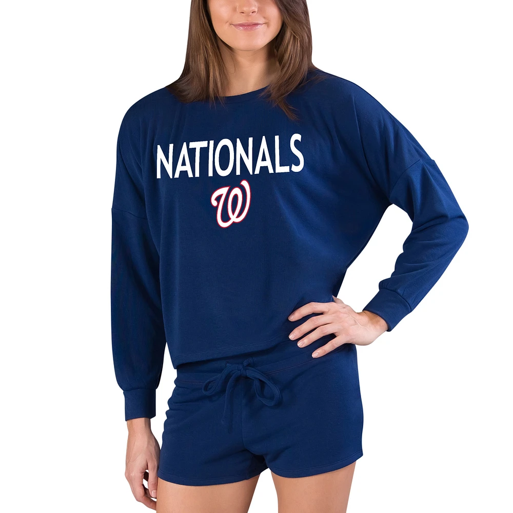 Women's Concepts Sport Navy Washington Nationals Gather Long Sleeve Top & Shorts Set