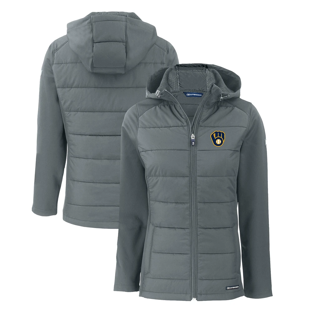 Women's Cutter & Buck Steel Milwaukee Brewers Evoke Hybrid Eco Softshell Recycled Full-Zip Hoodie Jacket