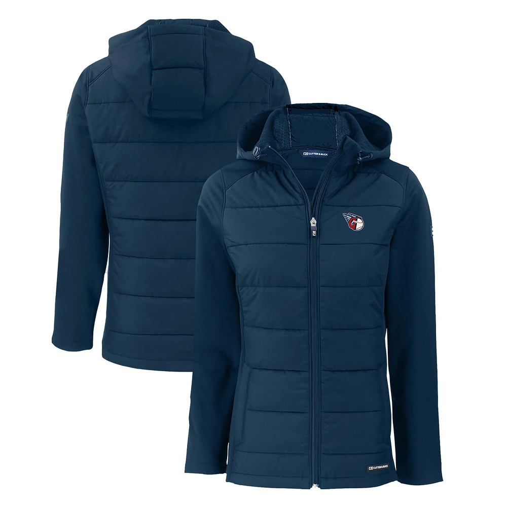 Women's Cutter & Buck Navy Cleveland Guardians Evoke Hybrid Eco Softshell Recycled Full-Zip Hoodie Jacket