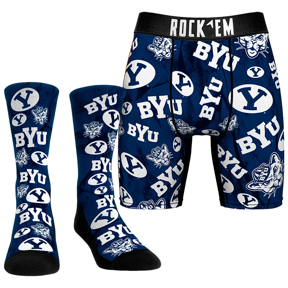 Men's Rock Em Socks BYU Cougars All-Over Underwear and Crew Combo Pack